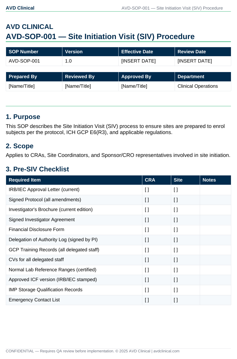 Sample page from AVD-SOP-001, Site Initiation Visit Procedure